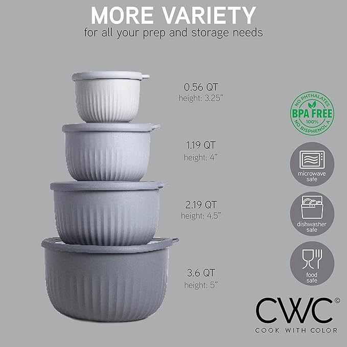 COOK WITH COLOR Prep Bowls with Lids- Wide and Deep Nesting Plastic Small Mixing Bowl Set with Lids, 8 Piece Set - Deep Bowls, Gray - Image 2