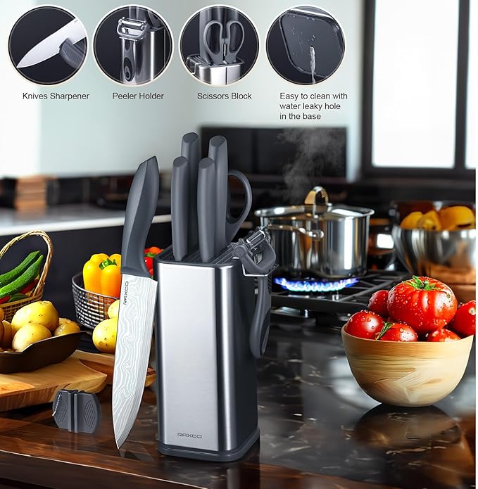 RAXCO 10-Piece Kitchen Knife Set | Stainless Steel Holder | Compact Design - Gray - Image 5