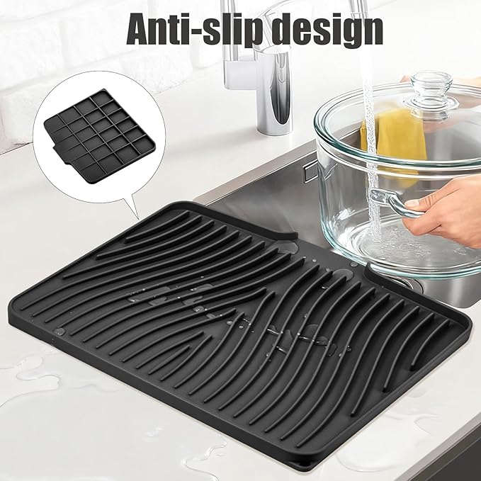 TIKNIK Silicone Dish Drying Mat, Stone Drying Mat for Kitchen Counter with Built-In Drain, Non-Slip Drain Pad with Built-in Drain, Heat Resistant Stone Drying Mat, Hangable, Black-1pc, 16" x 12" - Image 3