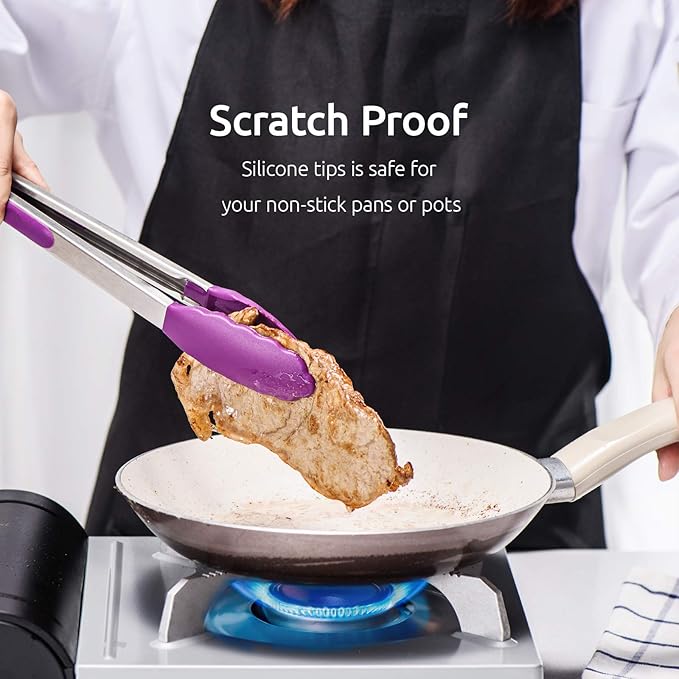 U-Taste Kitchen Tongs, 7/9/12 inches Cooking Tongs, with 600ºF High Heat-Resistant Non-Stick Silicone Tips, 18/8 Stainless Steel Handle, for Food Grill, Salad, BBQ, Frying, Serving, Pack of 3(Purple) - Image 7