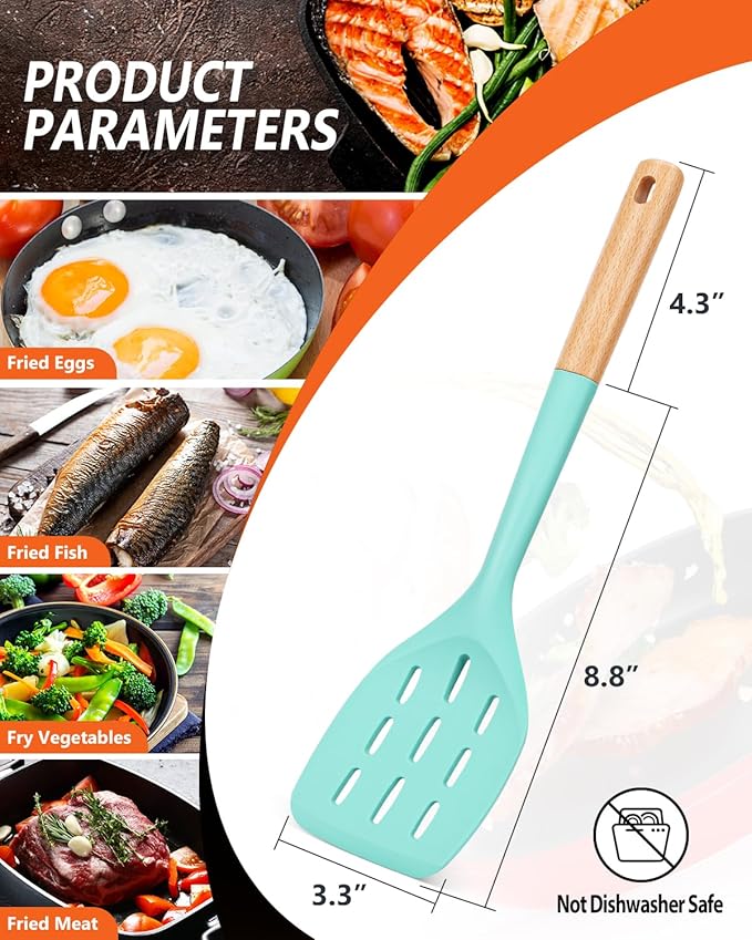 Pack of 2 Silicone Spatula, Non Stick Cooking Utensil Set Stainless Steel Handle Kitchen Turner for Baking Mixing Grilling Serving Food Heat Resistant Non Scratch Hooks Included (Green) - Image 2