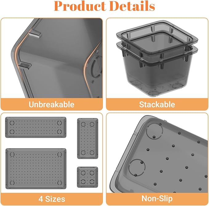 SpaceHacks 15 PCS Clear Plastic Drawer Organizer Set, 4-Size Acrylic Drawer Storage Trays, Storage Bins for Makeup, Gadgets, and Jewelry in Bathroom, Bedroom and Office, Clear Black - Image 4