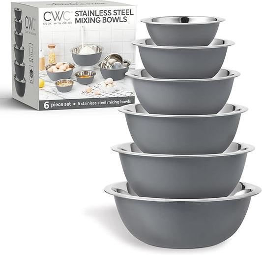 COOK WITH COLOR Stainless Steel Mixing Bowls Set - Nesting Bowls, 6 Pieces, Grey by CookwithColor