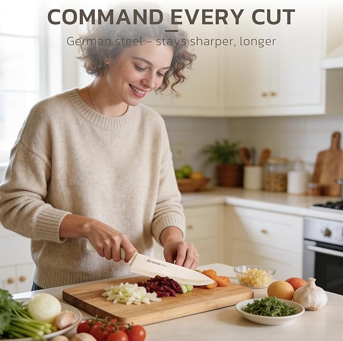 Astercook Knife Set, 15 Pieces Kitchen Knife Set with Sharpener Block, German Stainless Steel Knives Set with Anti-Rust Coating, Dishwasher Safe Elegant Cream White Knife Block Sets, Mothers Day Gifts - Image 2