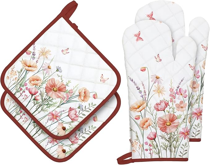 Pink Floral Oven Mitts and Pot Holders Sets 4Pcs, 100% Cotton Heat Resistant, Extra Long Oven Gloves Potholder for Kitchen Cooking Baking Decoration, Housewarming Gifts for Mom by Arquiel