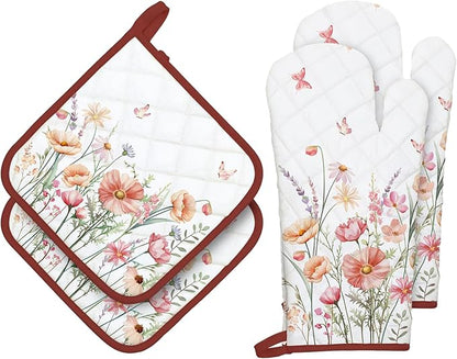 Pink Floral Oven Mitts and Pot Holders Sets 4Pcs, 100% Cotton Heat Resistant, Extra Long Oven Gloves Potholder for Kitchen Cooking Baking Decoration, Housewarming Gifts for Mom by Arquiel