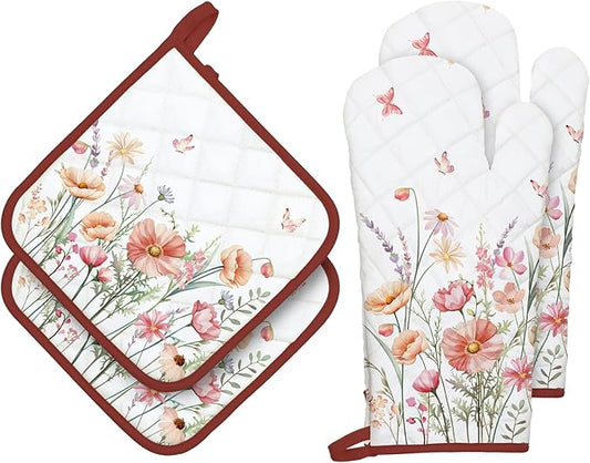 Pink Floral Oven Mitts and Pot Holders Sets 4Pcs, 100% Cotton Heat Resistant, Extra Long Oven Gloves Potholder for Kitchen Cooking Baking Decoration, Housewarming Gifts for Mom by Arquiel