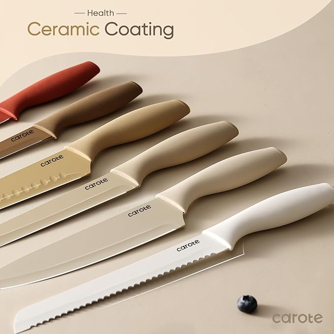 CAROTE Knife Set, 12 Pieces Kitchen Knife Set, 6 Stainless Steel Knives with Blade Guards & Nonstick Ceramic Coating, Rustproof, Color-Coded, Ergonomic Handles (Pack of 2) - Image 3