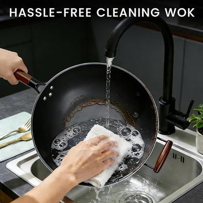 Carbon Steel Wok - 13" Woks & Stir-Fry Pans Nonstick, Wok with Lid, Fast Heat Conduction, Uniform Heat Conduction Flat Bottom Woks, Professional Chef Cookware - Image 5