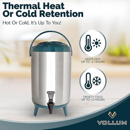 Vollum Stainless Steel Insulated Beverage Dispenser – Insulated Thermal Hot and Cold Coffee Carafe – 12 Liter Drink Dispenser with Spigot for Hot Water, Tea & Coffee, Cold Milk, Juice & More TEAL