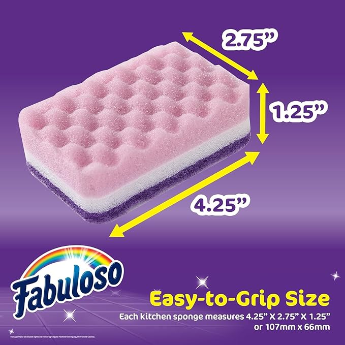 Fabuloso Scratch-Free Kitchen Dish Sponges, Purple Cellulose Scrubber Sponge with Scouring Pad for Dishes, Pots, Pans, Counters and Sinks, Tough on Messes, 4.25 x 2.75 x 1.25 in, 4 Count - 2 Pack - Image 5