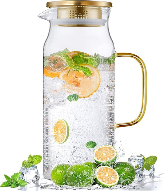 Bivvclaz 2 Liter 68 oz Gold Glass Pitcher with Lid and Handle, Glass Carafe for Hot/Cold Water, Large Iced Tea Pitcher for Coffee, Juice and Homemade Beverage by Bivvclaz