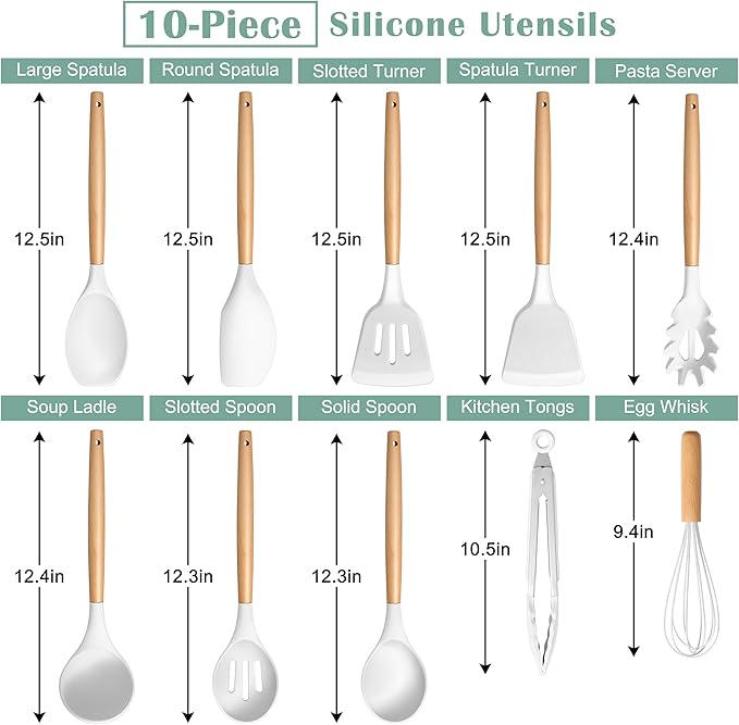 E-far Silicone Cooking Utensils Set, 446℉ Heat Resistant 10PCS Kitchen Utensils Set with Wooden Handle for Nonstick Cookware, Kitchen Tools Spatula Whisk Tongs Ladle, Non-toxic & Healthy, White - Image 2