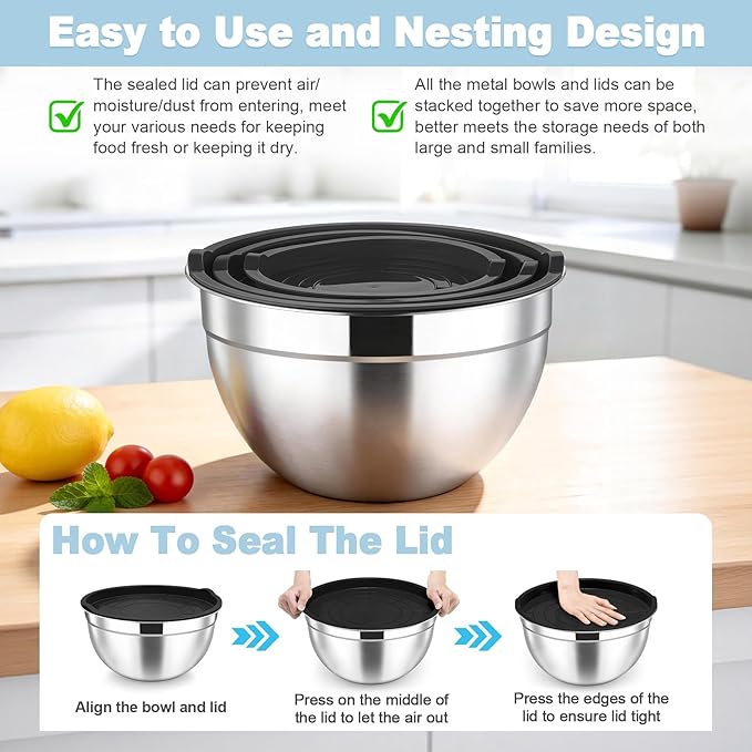 TeamFar Mixing Bowls, Stainless Steel Nesting Salad Bowls with Airtight Lids Set, For Serving/Mixing/Storing, Healthy & Long-lasting, Dishwasher Safe & Easy Clean, 4.6/3 / 1.5 QT, Black - Image 7