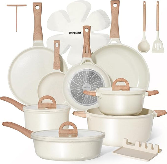 Pots and Pans Set Non Stick Non-Toxic 22 Pcs Ceramic Cookware Sets Nonstick Kitchen Pot&Pan With Lid Cream White Granite Induction Compatible with Glass Lids Crepe Frying Pan PFOA/PFOS-Free by useluck