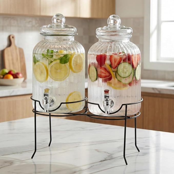 Style Setter Canyon Glass Beverage Dispenser with Stand Set of 2-1.3 Gallon Drink Dispenser with Stand & Spigot - Leak-Proof Lemonade Dispenser - Punch Dispenser for Parties, Weddings, Birthdays