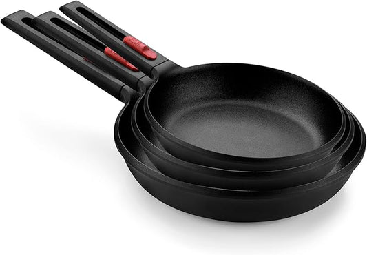 BRA COOKWARE Infinity 3-Piece Nonstick Frying Pan Set | 8, 9.5 & 11 Inch Cast Aluminum Skillet Set | Removable Handle | PFOA/PFAS Free Fry Pans | All Cooktops incl. Induction | Oven Safe Skillets