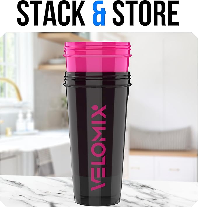 VELOMIX -2 Pack- 28 oz Protein Shaker Bottles for Protein Mixes - 2x Wire Whisk | Leak Proof Shaker Cups for Protein Shakes and Pre Workout | Protein Shaker Bottle Pack (B2) Black/Pink