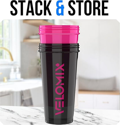 VELOMIX -2 Pack- 28 oz Protein Shaker Bottles for Protein Mixes - 2x Wire Whisk | Leak Proof Shaker Cups for Protein Shakes and Pre Workout | Protein Shaker Bottle Pack (B2) Black/Pink