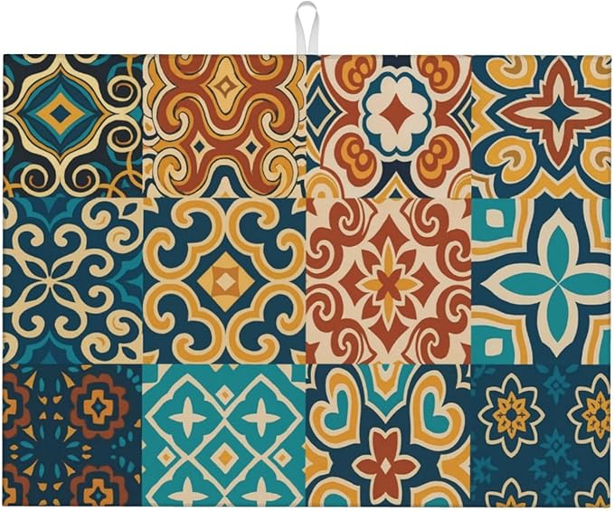 Talavera Mexican Tiles Dish Drying Mats for Kitchen Counter, Large 18"x24" Dish Mats for Drying Dishes, Microfiber Absorbent Dish Drying Pad Rack Mat Kitchen Decor Reusable Washable
