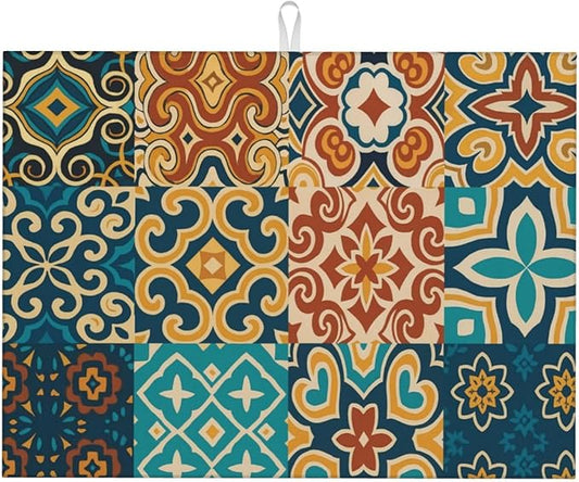 Talavera Mexican Tiles Dish Drying Mats for Kitchen Counter, Large 18"x24" Dish Mats for Drying Dishes, Microfiber Absorbent Dish Drying Pad Rack Mat Kitchen Decor Reusable Washable