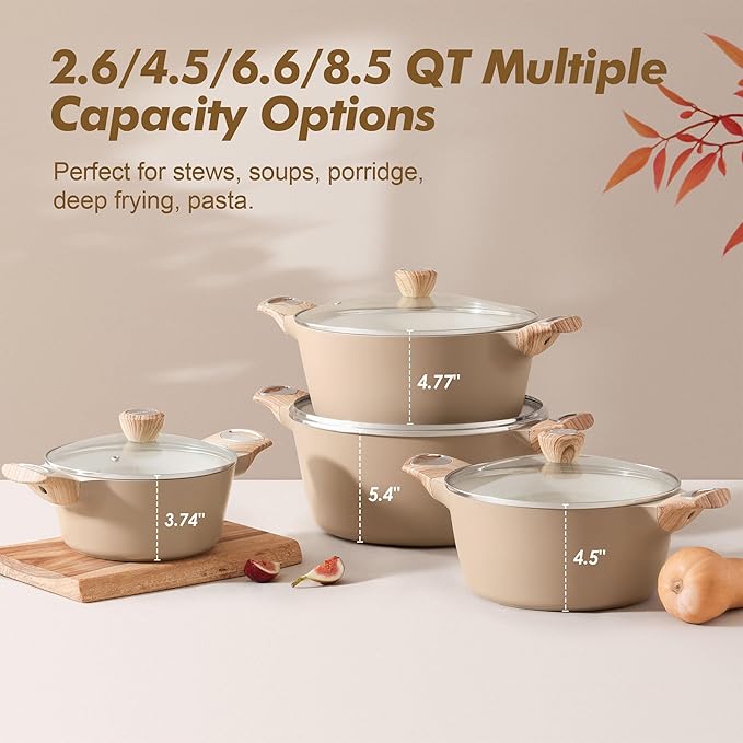 SENSARTE Ceramic Nonstick Stock Pot with Lid, 2.6/4.5/6.6/8.5 QT Soup Pot Casserole Pot, Non-toxic Healthy Pasta Pot, Large Cooking Pot Stew Pot, Induction Compatible, PFOA PFAS PTFE Free, Taupe - Image 3