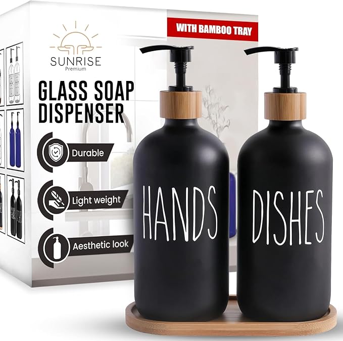 Sunrise Premium 16 OZ Thick Black Glass Soap Dispenser, Bamboo Pump with Tray 2 Pack, Hand and Dish Soap Dispenser Set for Bathroom with 6 Waterproof Labels by SunrisePremium