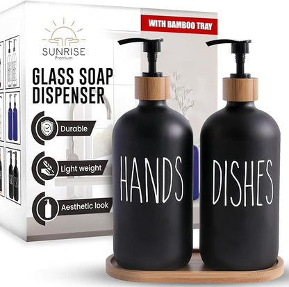 Sunrise Premium 16 OZ Thick Black Glass Soap Dispenser, Bamboo Pump with Tray 2 Pack, Hand and Dish Soap Dispenser Set for Bathroom with 6 Waterproof Labels by SunrisePremium