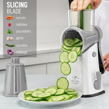 Zulay Kitchen Rotary Cheese Grater 5 Blade Cheese Shredder - Manual Hand Crank Cheese Grater With Reinforced Suction & 5 Interchangeable Drums - Easy to Use, Vegetable Chopper Round Mandoline Slicer - Image 5