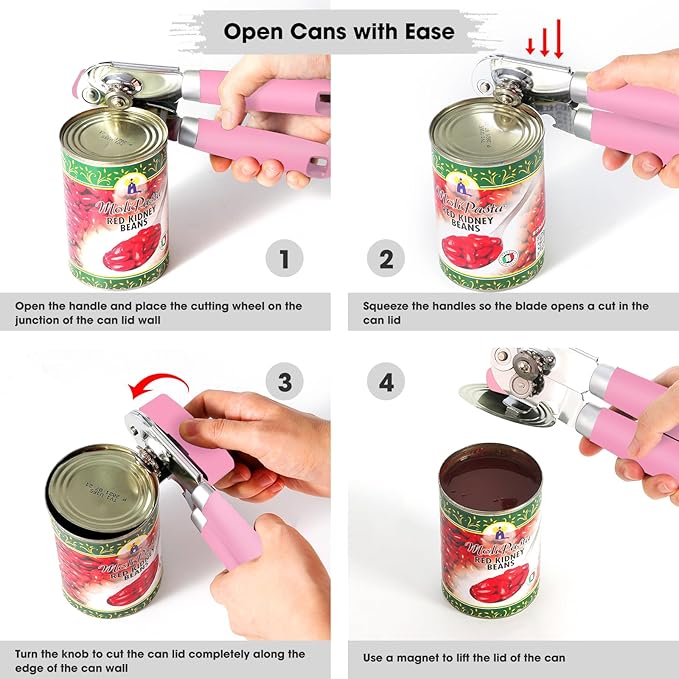 Beneno Heavy Duty Hand Can Opener Manual with Magnet, Durable Sharp Carbon Steel Blade Smooth Cutting, Big Effort-Saving Knob & Soft Grip Handle, Multifunctional Kitchen Tool with Bottle Opener, Pink - Image 6
