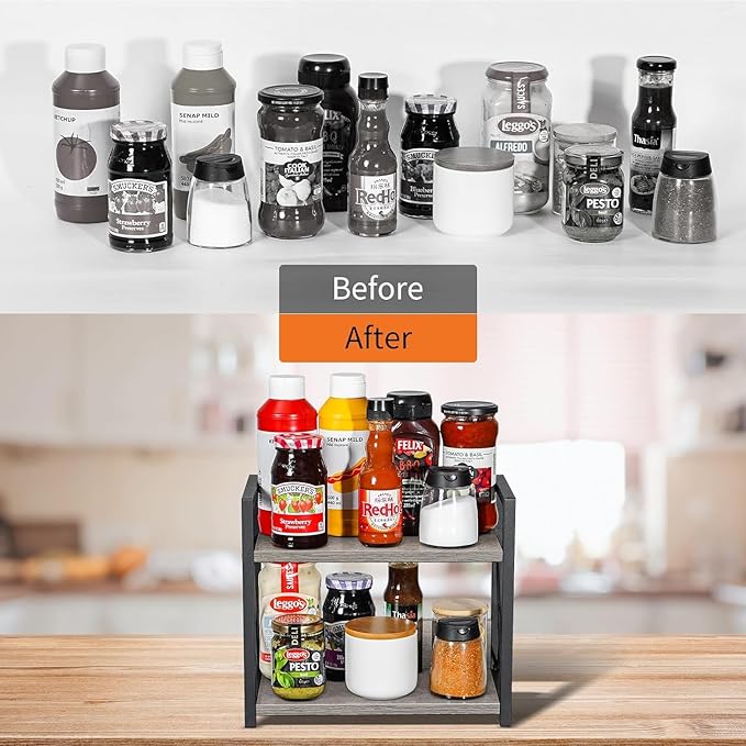 Giikin Countertop Shelf Organizer, 2 Tier Kitchen Spice Rack for Countertop, Wood Coffee Counter Shelf for Home, Particle Board and Metal, Grey, Small - Image 8