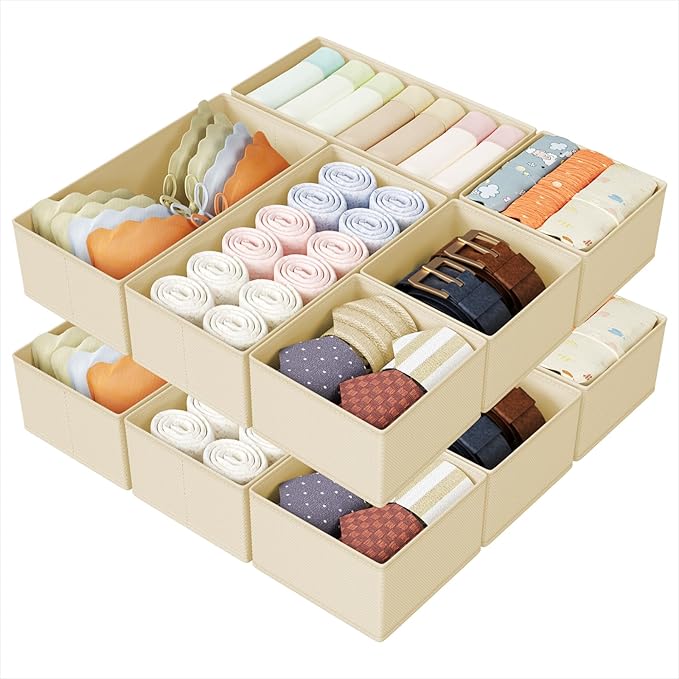 DIMJ Drawer Organizers Clothes, Set of 14 Dresser Organizer Bins, Fabric Closet Organizers and Storage, Shallow Drawer Dividers for Nursery, Clothing, Baby Clothes, Socks, Underwears, Tie (Beige) by DiMJ