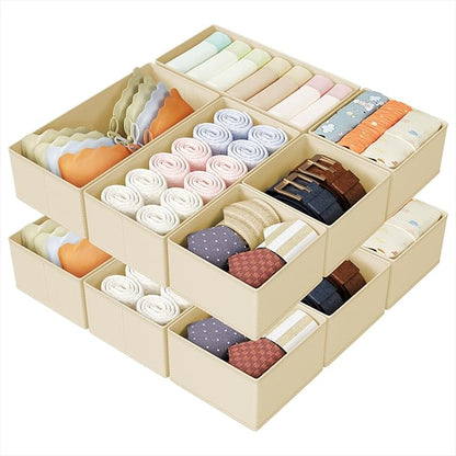 DIMJ Drawer Organizers Clothes, Set of 14 Dresser Organizer Bins, Fabric Closet Organizers and Storage, Shallow Drawer Dividers for Nursery, Clothing, Baby Clothes, Socks, Underwears, Tie (Beige) by DiMJ
