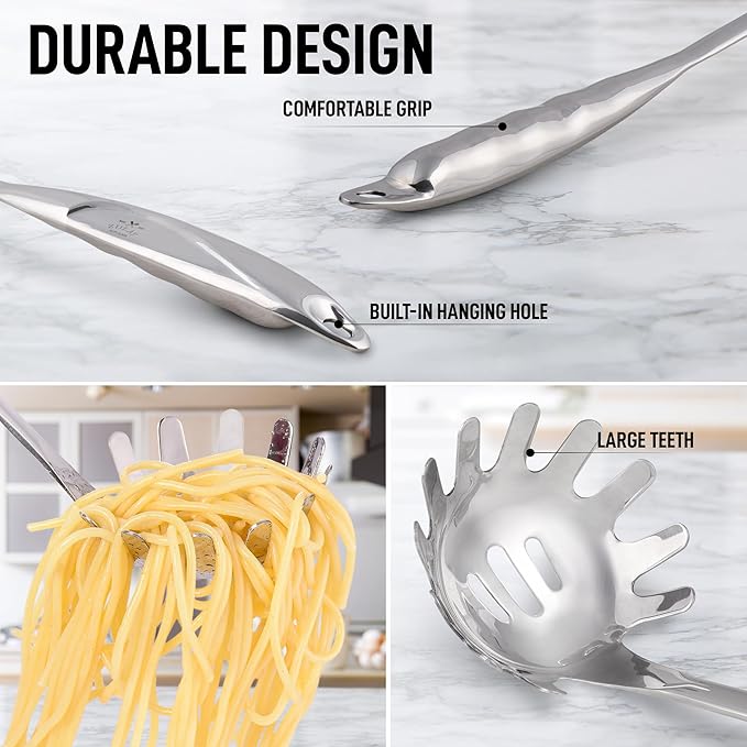 Zulay Kitchen Stainless Steel Spaghetti Spoon - 12” Pasta Spoon with Teeth & Draining Holes - Rust-Resistant Pasta Fork for Noodles & Pasta - Dishwasher Safe Utensil for Everyday Use - Image 6