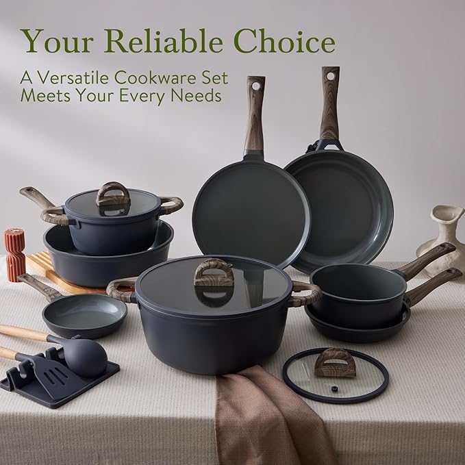 22Pcs Pots and Pans Set Non Stick Non-Toxic Ceramic Cookware Sets Nonstick Kitchen Pot and Pan Set With Lid Gray Granite Induction Compatible with Glass Lids 10" Griddles Frying Pan PFOA/PFOS-Free - Image 9