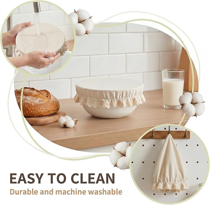 Set of 4 Reusable Cotton Bowl Covers with Lace Trim 13, 10, 8, 4 Inch Breathable Muslin Fabric Food Storage Lids Elastic Cloth Bowl Covers for Bread Proofing Baskets Sourdough Bread Baking