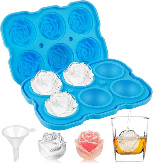 Ice Cube Tray, Mikiwon 2 inch Rose Ice Cube Trays With Covers, 6 Cavity Silicone Rose Ice Ball Maker, Easy Release Large Ice Cube Form for Chilled Cocktails, Whiskey, Bourbon & Homemade Juice (Blue) by Mikiwon