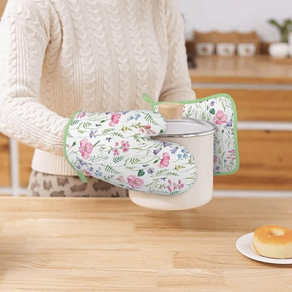 Pink Floral Silicone Oven Mitts Pan Mats Set of 2, Heat Resistant Gloves Potholder with Non-Slip Grips Hanging Loops Pot Holder, Spring Summer for Chef Cooking, Baking, Grilling, BBQ