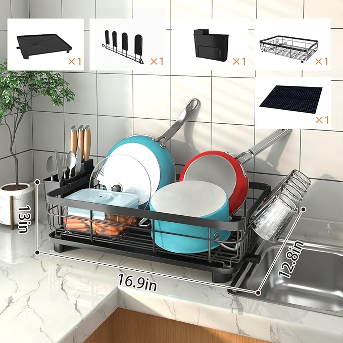 Godboat Dish Drying Rack, Dish Rack with Auto-Drain & Mat, Dish Drainers for Kitchen Counter, Glass Organizer for 4 Cups, 3 Slots Utensil Holder, Gifts for Women Mothers Day, Kitchen Gadgets & Decor - Image 8