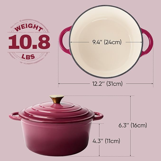 Vintage Style 4.5 Quart Dutch Oven Pot with Lid, Non Stick Enameled Cast Iron Dutch Oven for Bread Baking, Heavy-Duty, Oven Safe Ceramic Cookware Up to 500°F for Baking, Braising, Stews, Roasting, Rose - Image 4