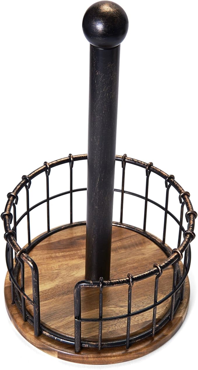 Pfaltzgraff Anvil Wire And Acacia Wood Paper Towel Holder, 13.25-Inch, Antique Black - Image 2