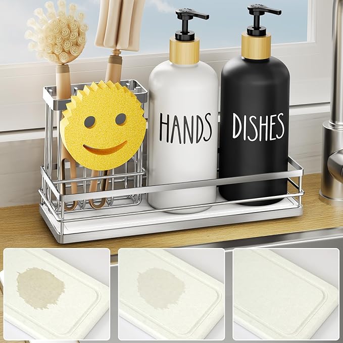 Moforoco Kitchen Dish Soap Dispenser Set, 16OZ Glass Bottle, Hand and Dish Soap Dispenser Set, Instant Dry Tray, Brush Holder with Smiley Face Sponge Holder (Silver Tray+Black&White Bottle) by MOFOROCO