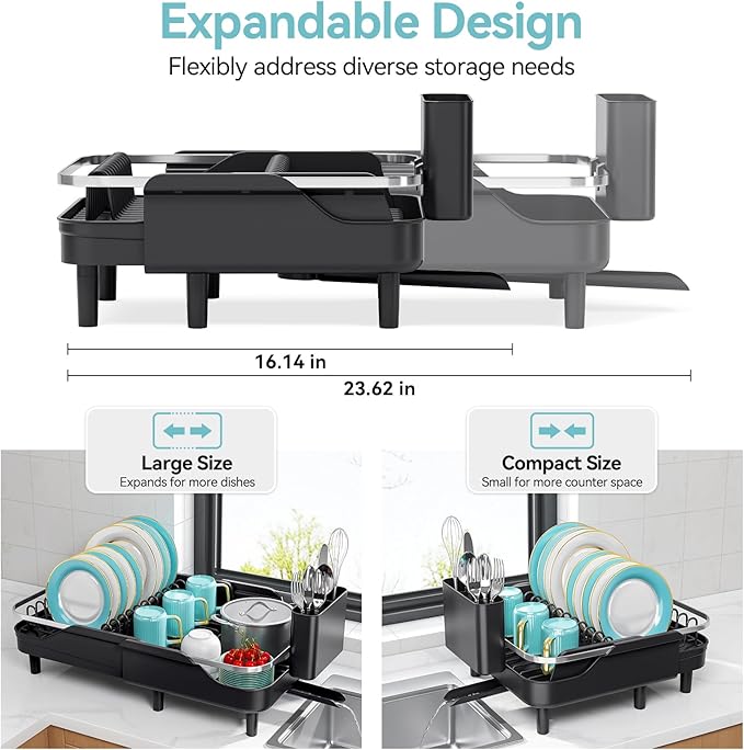 Urackify Expandable Dish Rack for Kitchen Counter,16.14"-23.62" Large Stainless Steel Dish Drying Rack with Adjustable Water Spout, Space Saving Dish Drainer with Auto Draining Cutlery Holder,Black - Image 2