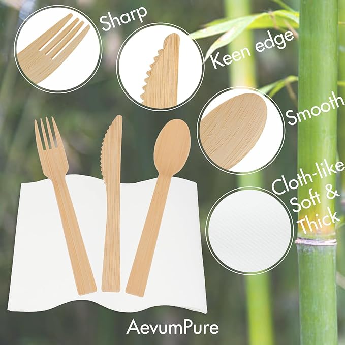 AevumPure 30 Sets Bamboo Cutlery With Pre-Rolled Napkin Set-Disposable Wrapped Bamboo Utensils 120Pcs (30Compostable Napkins,30Forks,30Spoons,30Knives)-Wooden Silverware/Wrapped Plastic Tableware - Image 2