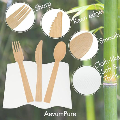 AevumPure 30 Sets Bamboo Cutlery With Pre-Rolled Napkin Set-Disposable Wrapped Bamboo Utensils 120Pcs (30Compostable Napkins,30Forks,30Spoons,30Knives)-Wooden Silverware/Wrapped Plastic Tableware - Image 2