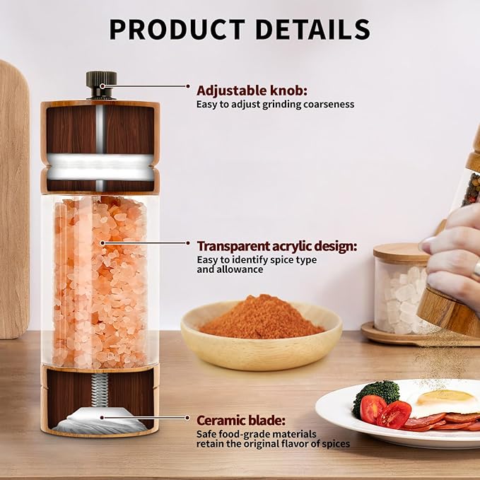 Salt and Pepper Grinder Set,Manual Salt Pepper Mills Grinders for Kitchen,Refillable and Adjustable Wooden Shakers for Pepper Salt Spices