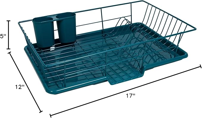 Sweet Home Collection Space-Saving 3-Piece Dish Drainer Rack Set: Efficient Kitchen Organizer for Quick Drying and Storage - Includes Cutlery Holder and Drainboard - Maximize Countertop Space, Teal - Image 2