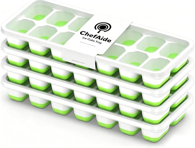 ChefAide Ice Cube Tray with Lid, 4 Packs 56 Cubes Durable Stackable Ice Cube Trays for Freezer with Removable Lids, Easy-Release Plastic & Silicone Ice Tray for Cocktail, Coffee by ChefAide
