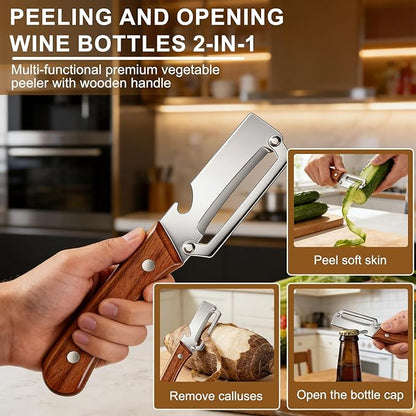 Premium Vegetable Peeler with Wooden Handle and Bottle Opener,2-in-1 Stainless Steel Kitchen Tool for Fruit Potato Zucchini Pumpkin Papaya(2 PSC) - Image 5