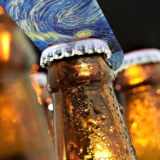 Starry Night Stainless Steel Bottle Opener Van Gogh Oil Panting Art Classic Vivid Star Cloud Universe Creative Flat Beer Bottle Opener Keychain for Home Kitchen Bar Restaurant Party Gift